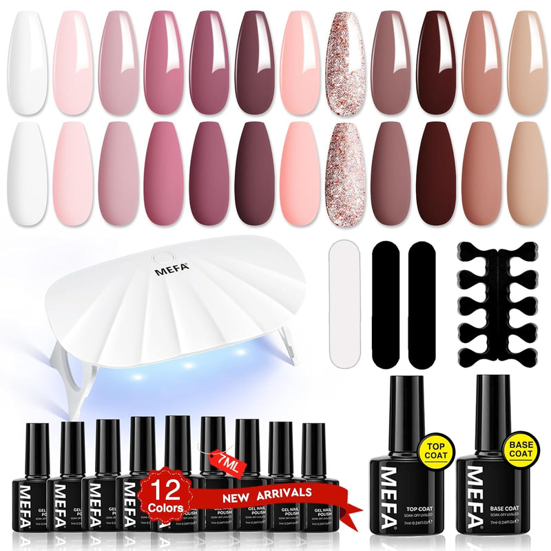 MEFA Shellac Set Starterset mit Lampe 6W,12 Farben UV Nagellack Set Gelnägel Starterset Weiss Rosa N