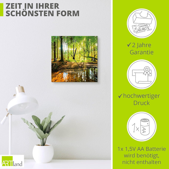 ARTLAND Wanduhr ohne Tickgeräusche Leinwand Quarzuhr 30x30 cm Quadratisch Lautlos Wald Landschaft Na