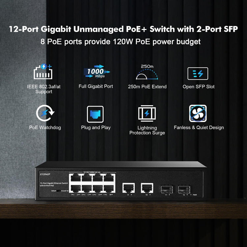 YuLinca 12 Port Gigabit PoE Switch, 8 GE PoE+, 2 GE Uplink, 2 Gigabit SFP Slot, IEEE802.3af/at Max 1