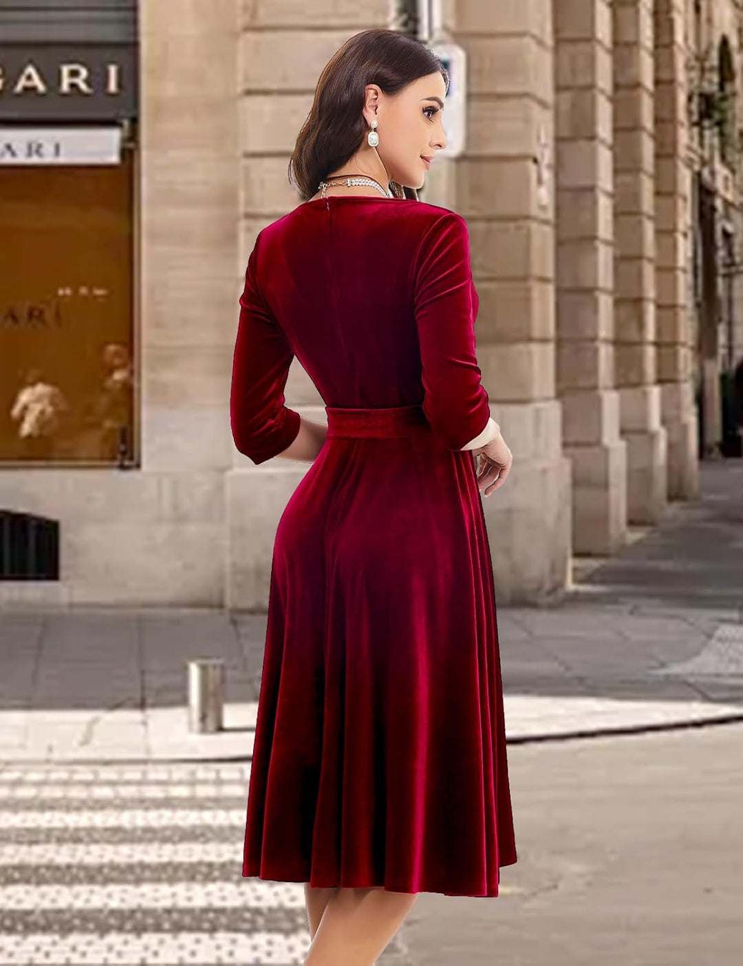 Bbonlinedress Rockabilly Kleider Damen 3/4 arm V-Ausschnitt Midi Langarm Festliche Kleider für Hochz