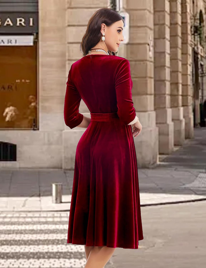 Bbonlinedress Rockabilly Kleider Damen 3/4 arm V-Ausschnitt Midi Langarm Festliche Kleider für Hochz