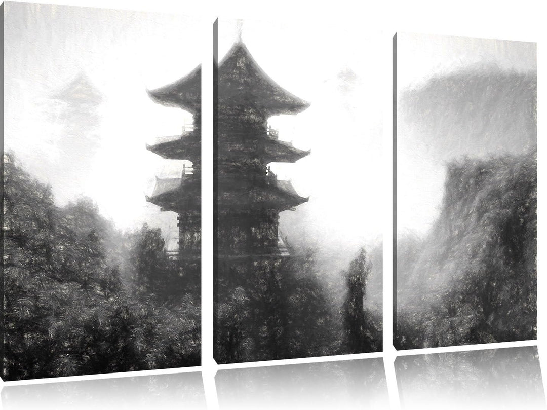 Pixxprint chinesische Häuser Kunst / 3-Teilig/Gesamtmass 120cm Leinwandbild bespannt auf Holzrahmen/