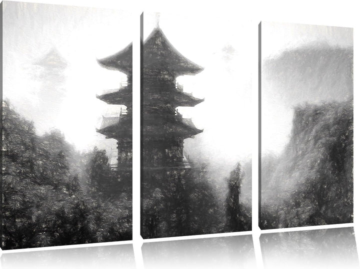Pixxprint chinesische Häuser Kunst / 3-Teilig/Gesamtmass 120cm Leinwandbild bespannt auf Holzrahmen/