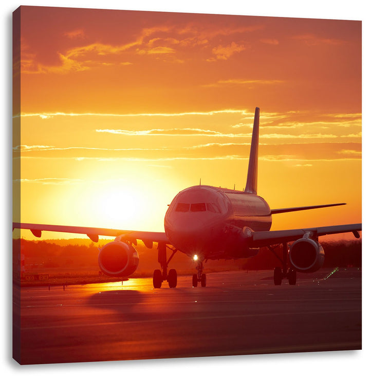 Pixxprint Flugzeug im Sonnenuntergang 70x70cm Leinwandbild Wandbild Kunstdruck, 70x70