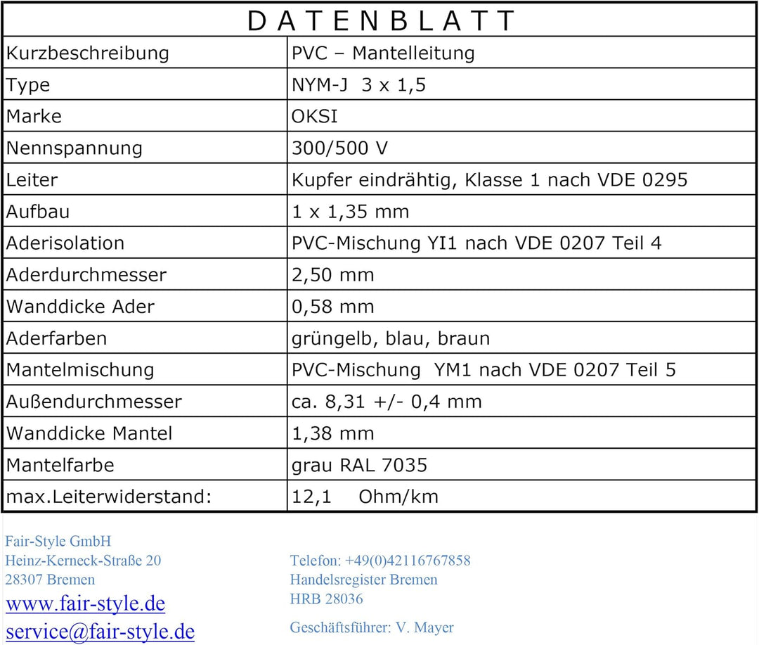 OKSI 10m NYM-J 3x1,5 mm² Mantelleitung Feuchtraumkabel Elektrokabel Kupfer Made in Germany, 10m NYM-