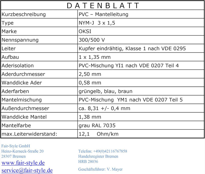 OKSI 10m NYM-J 3x1,5 mm² Mantelleitung Feuchtraumkabel Elektrokabel Kupfer Made in Germany, 10m NYM-