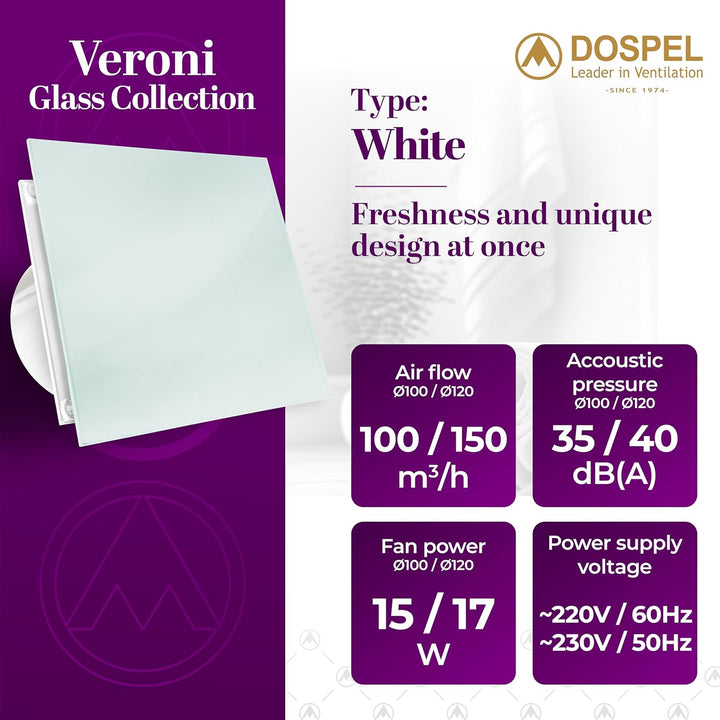 DOSPEL VERONI GLASS Badlüfter mit Feuchtigkeitssensor und Timer wc lüfter abluftventilator 100mm wei