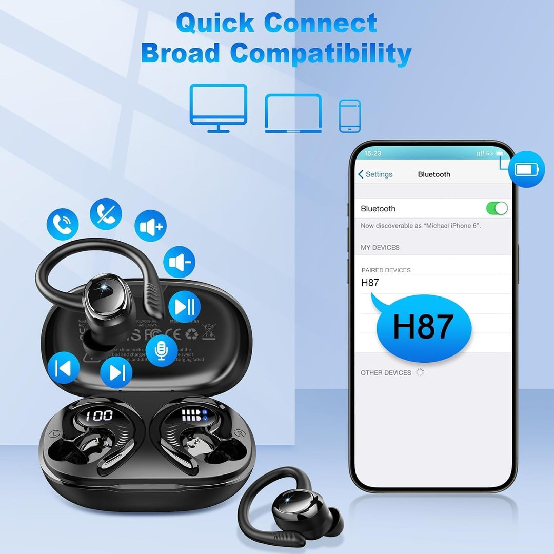 Bluetooth 5.4 Kopfhörer Sport, 2026 Neu In Ear Kopfhörer Kabellos Bluetoothmit 4 ENC Mic/6D Stereo,
