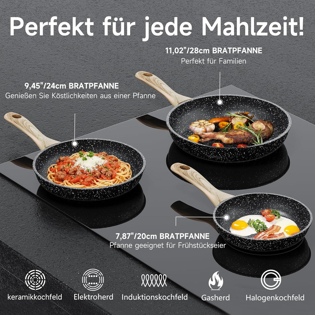 HOMELUX Antihaft Pfannenset 3-teilig Induktion, Bratpfanne 20/24/28cm mit Holzgriff, PFOA & PTFE fre