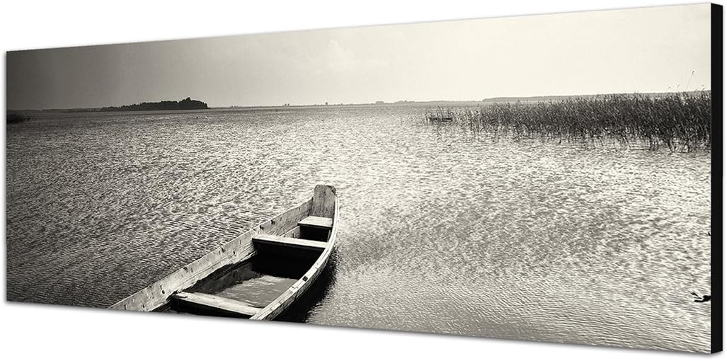 Paul Sinus Art Panoramabild auf Leinwand und Keilrahmen 150x50cm See Boot Kanu schwarz/weiss