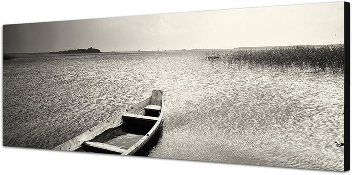Paul Sinus Art Panoramabild auf Leinwand und Keilrahmen 150x50cm See Boot Kanu schwarz/weiss