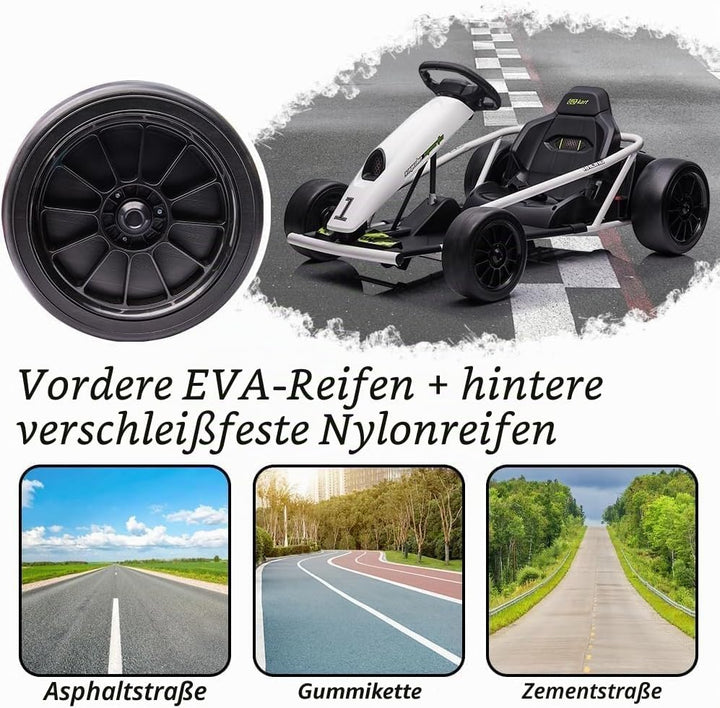 Elektrisches Go-Kart Weiss 24V für Kinder, Drift Kart mit 2×12V 9Ah Akku, Verstellbarem Sitz, Vor- u