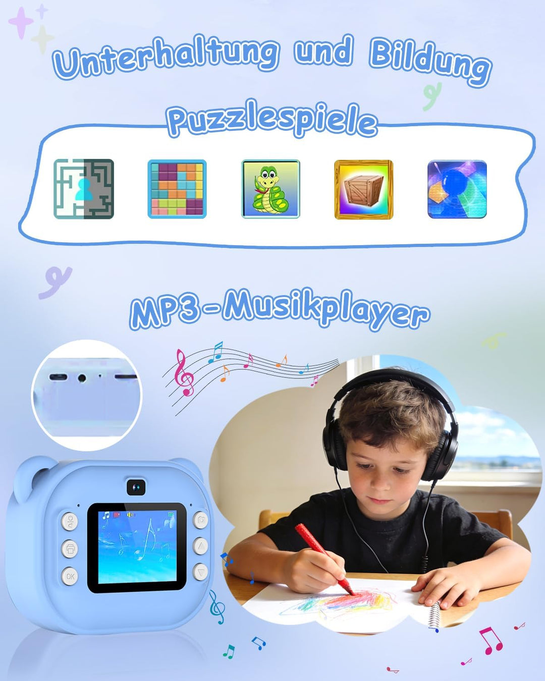 Sofortbildkamera Kinder, 1080P Dual-Linse Kinderkamera Sofortbildkamera, 2" Bildschirm Digitalkamera