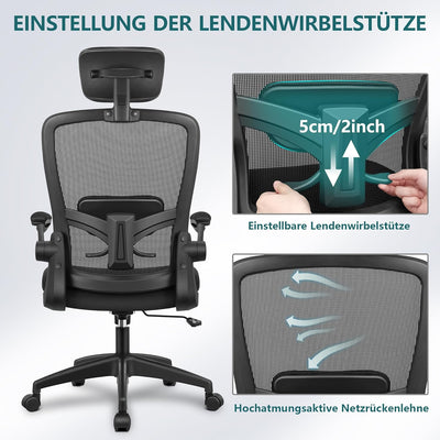 FelixKing Bürostuhl Ergonomischer schreibtischstuhl mit Verstellbarer Kopfstütze, Armlehnen, Lendenw