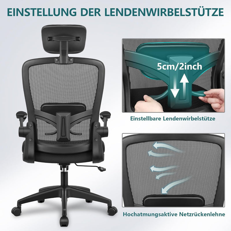 FelixKing Bürostuhl Ergonomischer schreibtischstuhl mit Verstellbarer Kopfstütze, Armlehnen, Lendenw