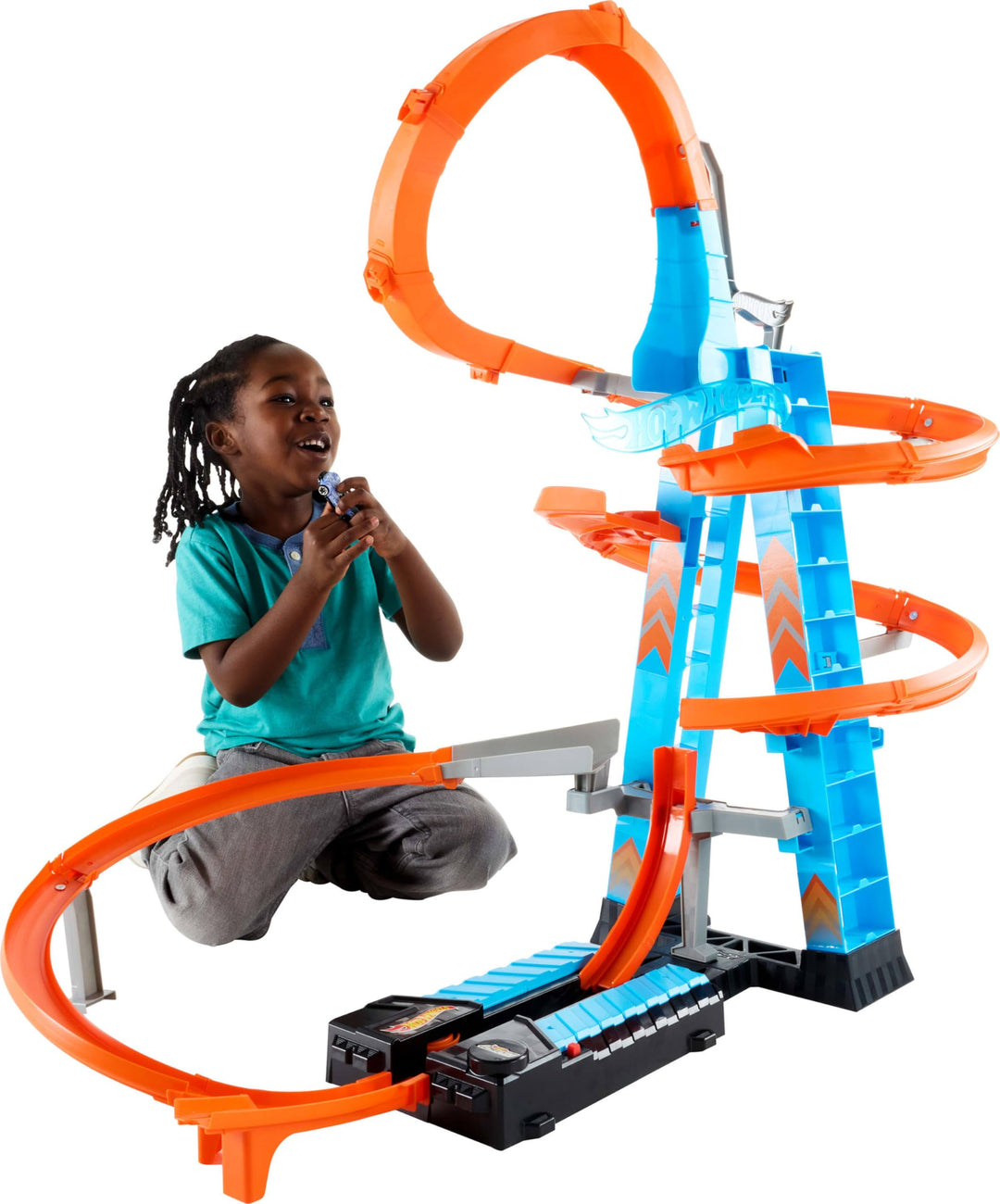 Hot Wheels GWT39 - Himmelscrash-Turm, 60cm hoch mit batteriebetriebenem Beschleuniger und orangem Tr