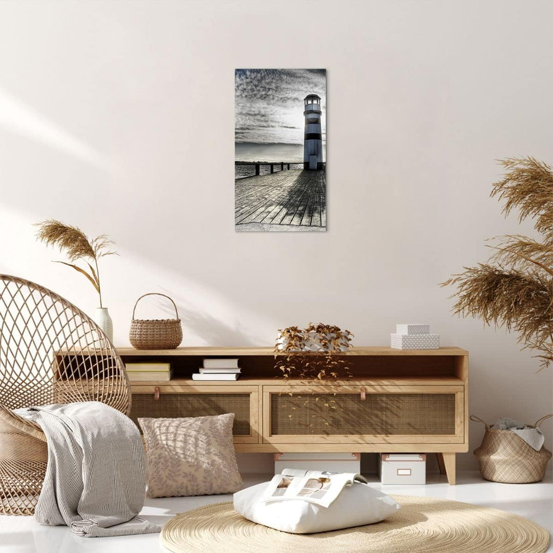 Bilder auf Leinwand See Leuchtturm Holzbrücke Wasser Leinwandbild mit Rahmen 45x80cm Wandbilder Deko
