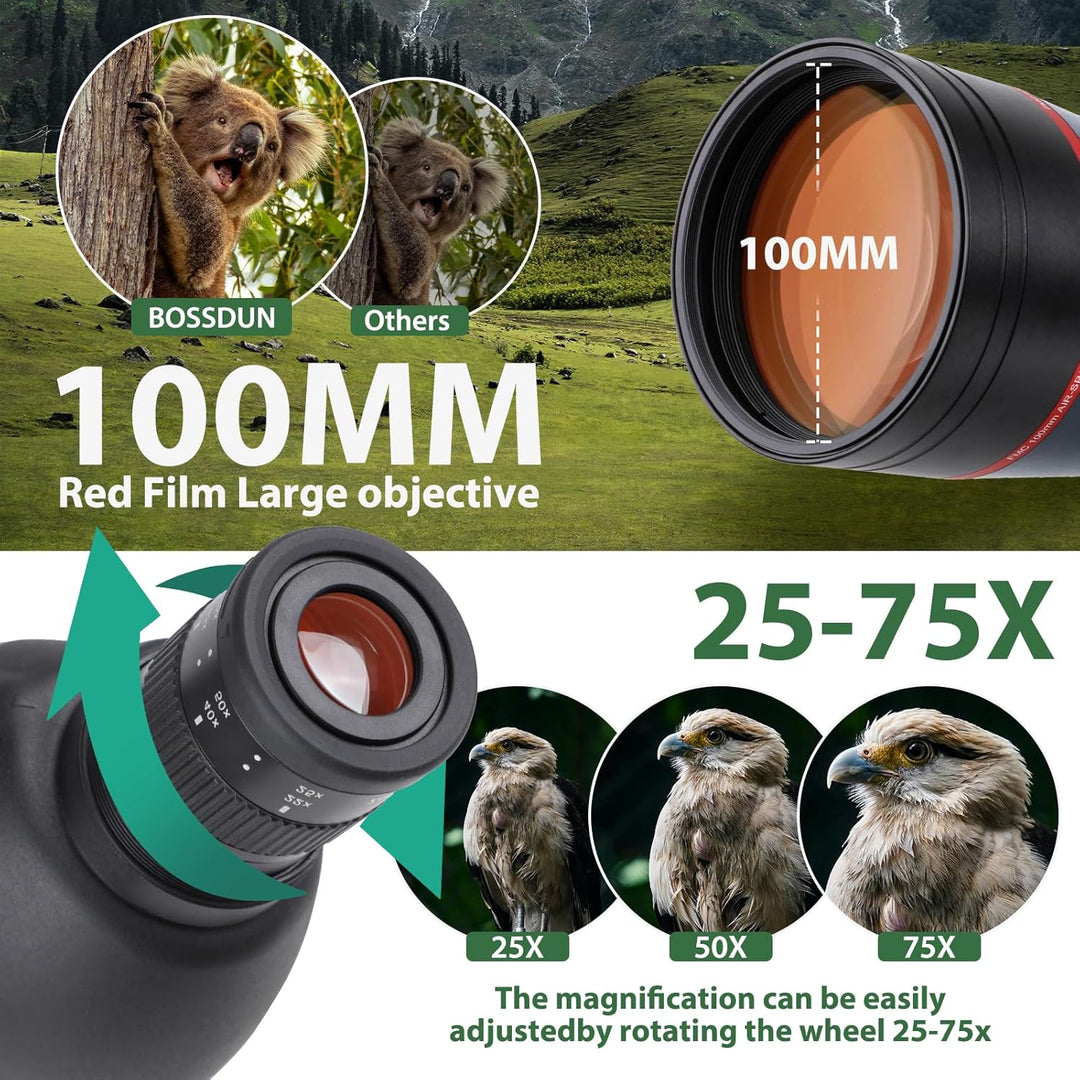 25-75x100 HD Spektiv Sportschützen mit Stativ- und Smartphone-Adapter, Zoom Bak4 Prism FMC Lens 45-G