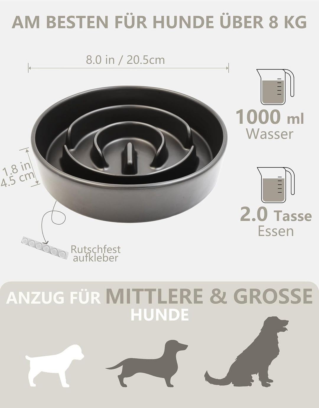 Anti-Schling Napf für Hunde, Keramik Slow Feeder, Langsame Fütterung für Mittelgrosse/Grosse Hunde,