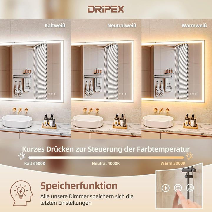 Badezimmerspiegel Led Badspiegel, Speicherfunktion, Touch-Schalter, Druckknopf, Dimmbar, 3 Lichtfarb