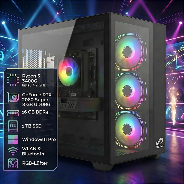 STGsivir Gaming PC, Ryzen 5 3400G, RTX 2060S 8G, 16G DDR4, 1T SSD | Gaming Computer für Streaming,Vi