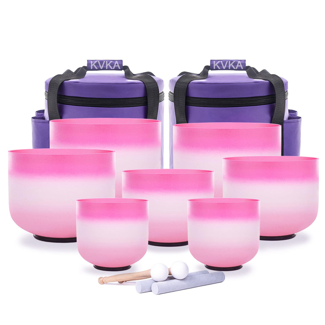 KVKA Kristall-Klangschalen Set, 7-12 inch 432Hz Pink-white-Pink Chakra Sound Healing Klangschalen fü