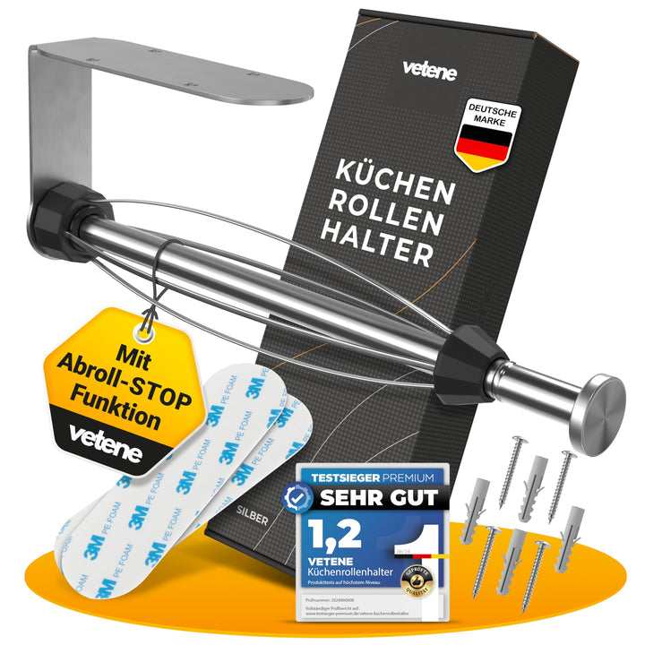 vetene® Premium Küchenrollenhalter ohne Bohren [Zum Einhändig Abreissen] – Edelstahl Silber – mit Ab