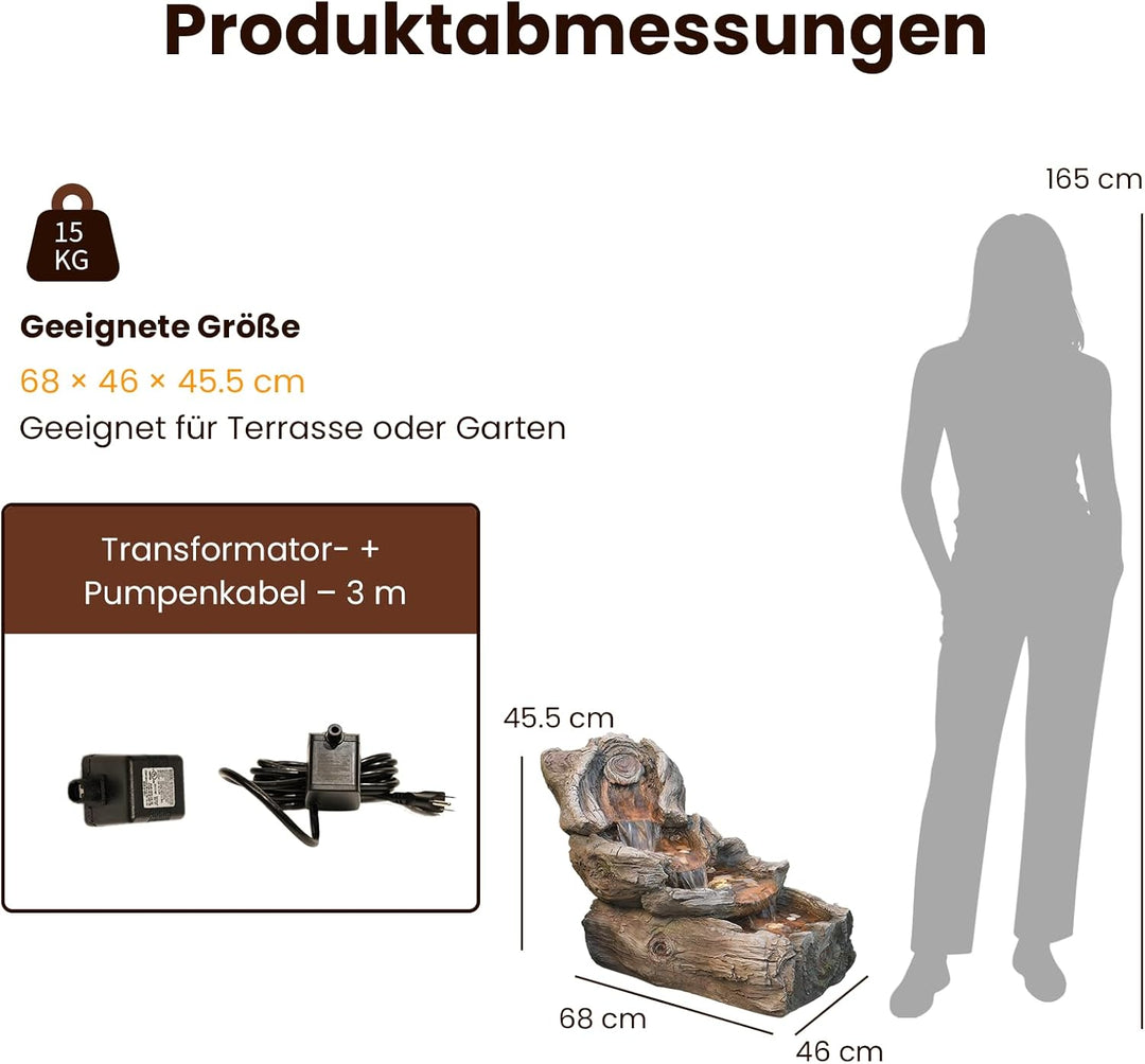 Sunlinua 4-stufige Gartenbrunnen in Holzoptik aus Harz mit LED-Beleuchtung – 80 cm Wasserfall, Garte
