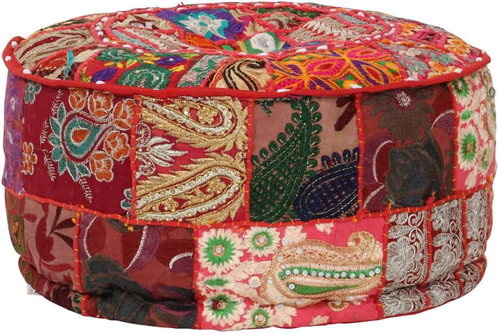 TEWTX7 Patchwork-Fusshocker mit Exquisiten Stickereien Besetzt, Handgefertigt Patchwork Rund Puffhoc