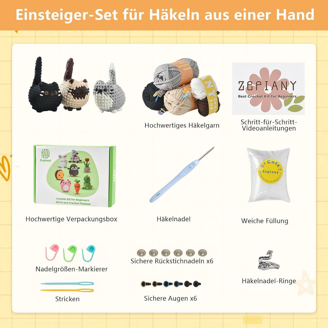 VZU Häkelset für Anfänger – 3 süsse Katzen, Komplettes Amigurumi Starter-Set mit Garn, Haken, Nadeln