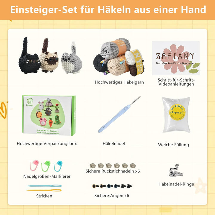 VZU Häkelset für Anfänger – 3 süsse Katzen, Komplettes Amigurumi Starter-Set mit Garn, Haken, Nadeln