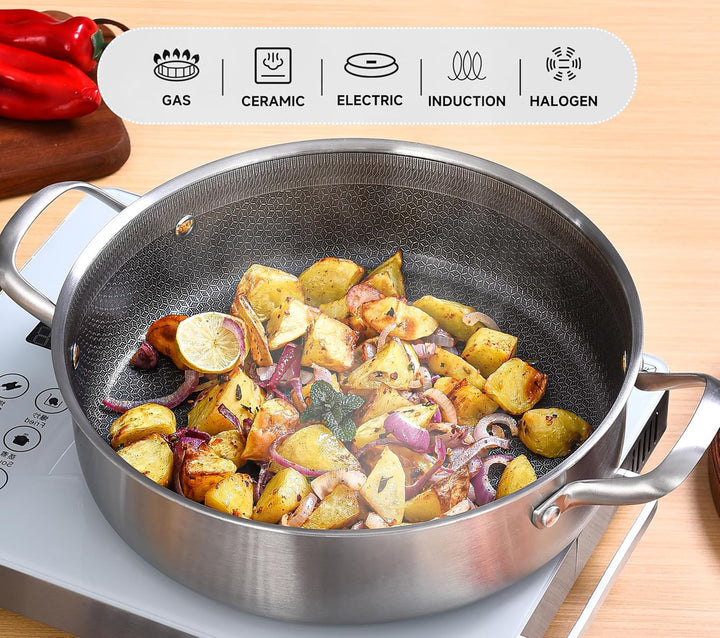 Inqibee Schmorpfanne 24 cm Hoher Rand, Schmortopf mit Deckel 2.8L, Edelstahl 18/10 antihaftbeschicht
