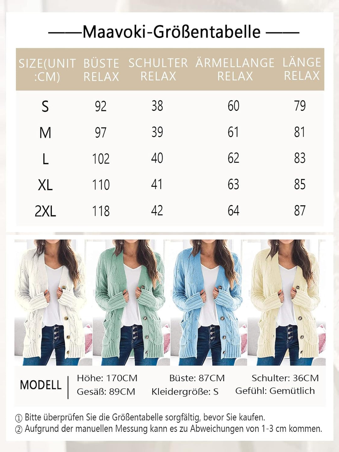Maavoki Strickjacke Damen lang Elegant Open Front Grobstrick Strick Cardigan Langarm Strickjacken mi