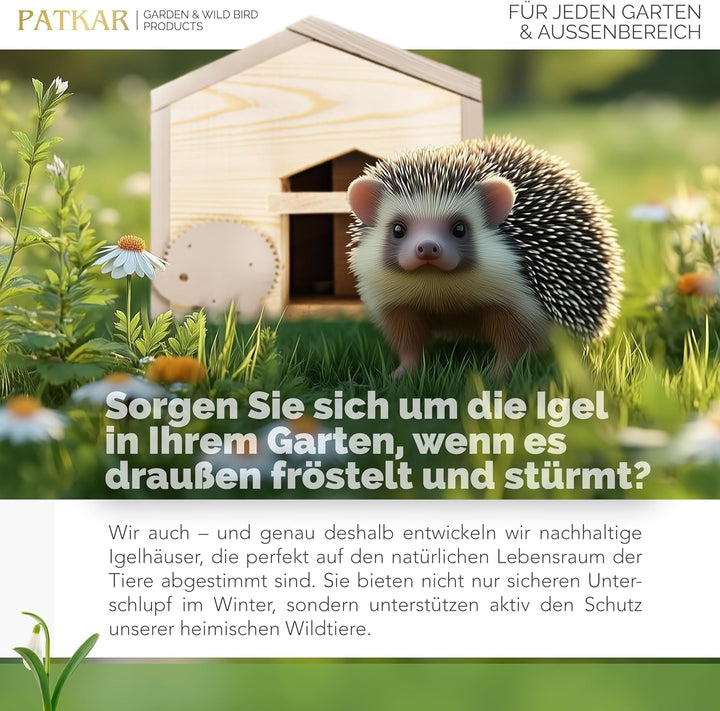 PATKAR Igelhaus Winterfest mit Boden [SCHÜTZT VOR FRESSFEINDEN] - Premium Igelfutterhaus (Made in Eu