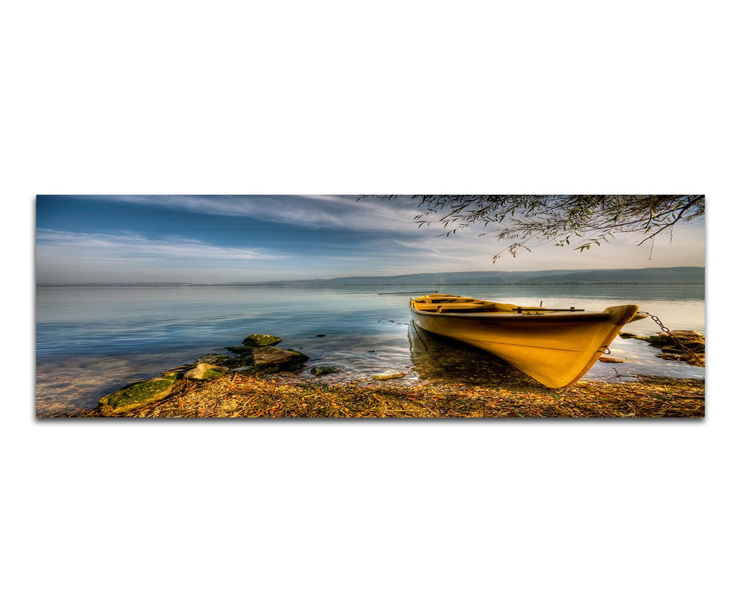 Paul Sinus Art Panoramabild auf Leinwand und Keilrahmen 150x50cm Meer Wasser Bucht Boot Wolkenschlei