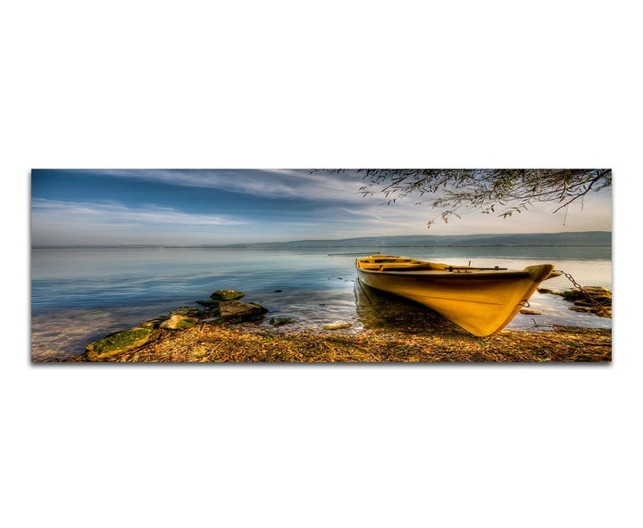 Paul Sinus Art Panoramabild auf Leinwand und Keilrahmen 150x50cm Meer Wasser Bucht Boot Wolkenschlei
