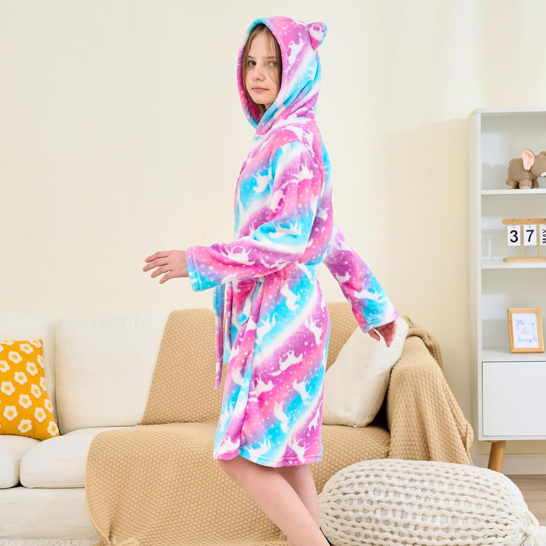 Katzen Bademantel für Mädchen Weiches Fleece Morgenmäntel mit Kapuze und Katzenohren Rosa/Lila Einho