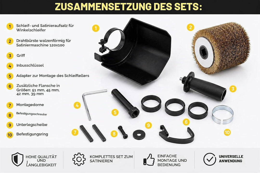 Winkelschleifer Aufsatz M14 Satinierer + Drahtbürste Set zum Reinigen und Schleifen von Metall Rosts