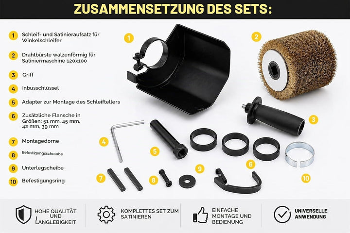 Winkelschleifer Aufsatz M14 Satinierer + Drahtbürste Set zum Reinigen und Schleifen von Metall Rosts
