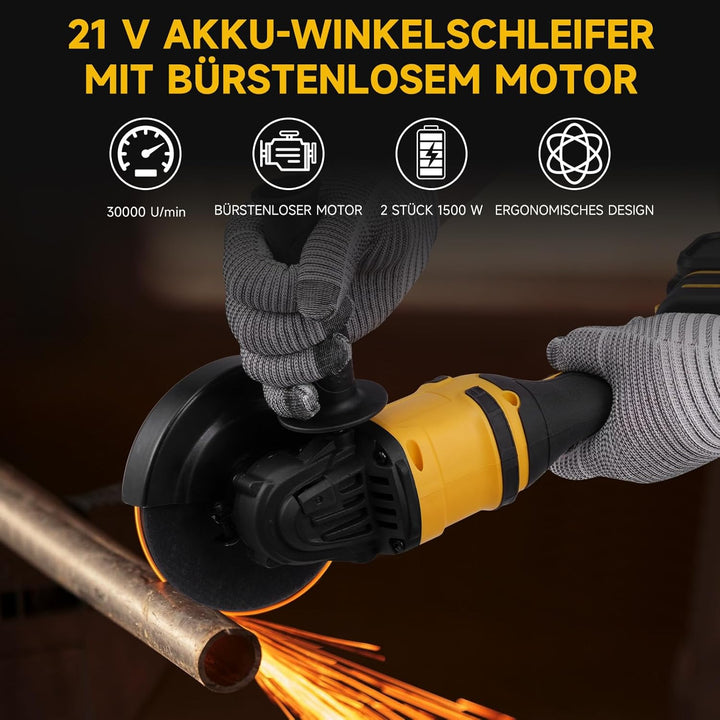 21V Akku-Winkelschleifer mit bürstenlosem Motor, inklusive Akku und Ladegerät, 125-mm-Trennscheiben