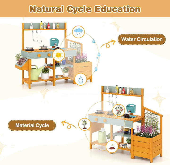 HOMASIS Matschküche Kinder Outdoor, Kinderküche mit Wassertank Spülen Herd, Holz Gartenküche mit Pfl