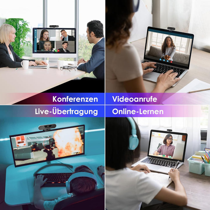 VIZOLINK W8GS Webcam 4K, HD 1080P Webcam für PC mit Mikrofon, Autofokus, Lichtkorrektur, 85°Sichtfel