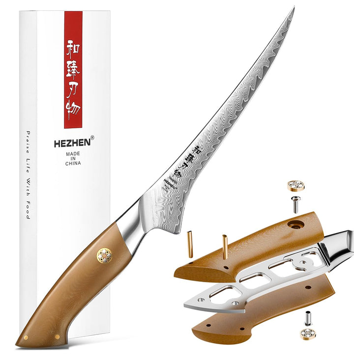 HEZHEN Damaststahl Filetiermesser, Professionelles Fischmesser, Damast Ausbeinmesser Profi, Full Tan