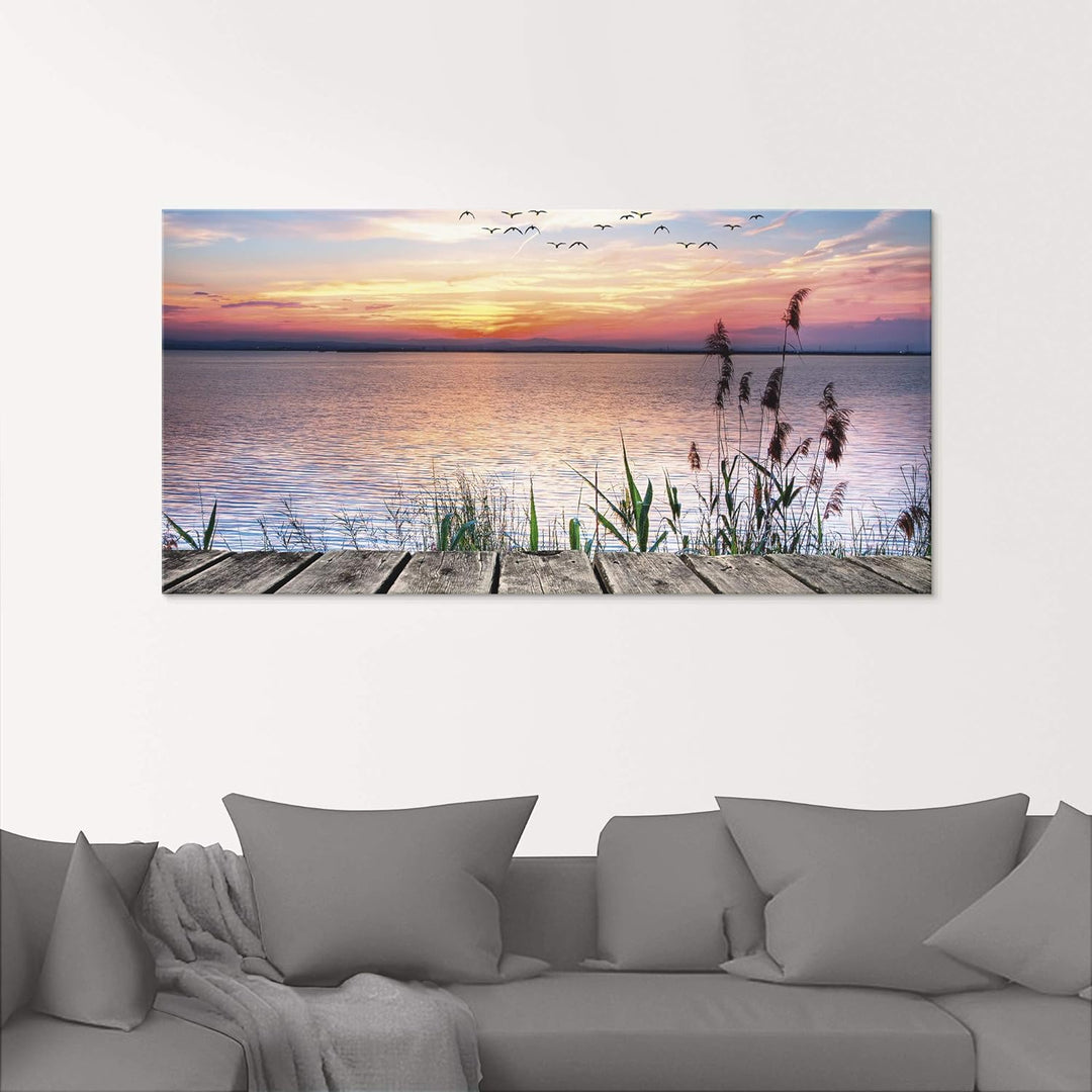 Glasbilder Wandbild Glas Bild einteilig 80x60 cm Querformat Natur Steg Landschaft See Himmel Sonnena