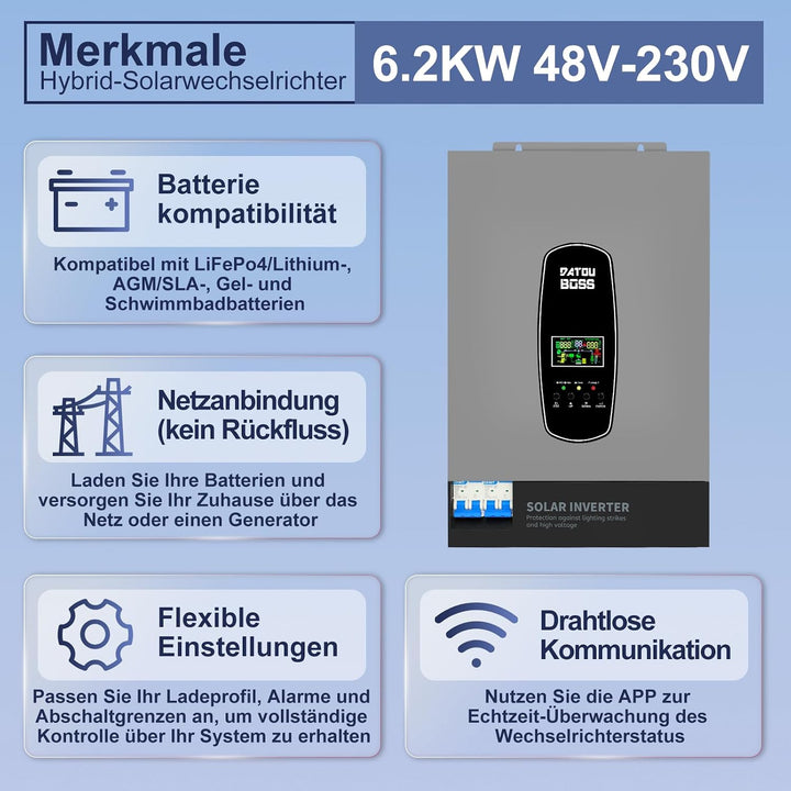 DATOUBOSS 6200W Hybrid Solar Wechselrichter 48V, Reiner Sinus, PV-Array bis 8500W, PV-Inverterleistu