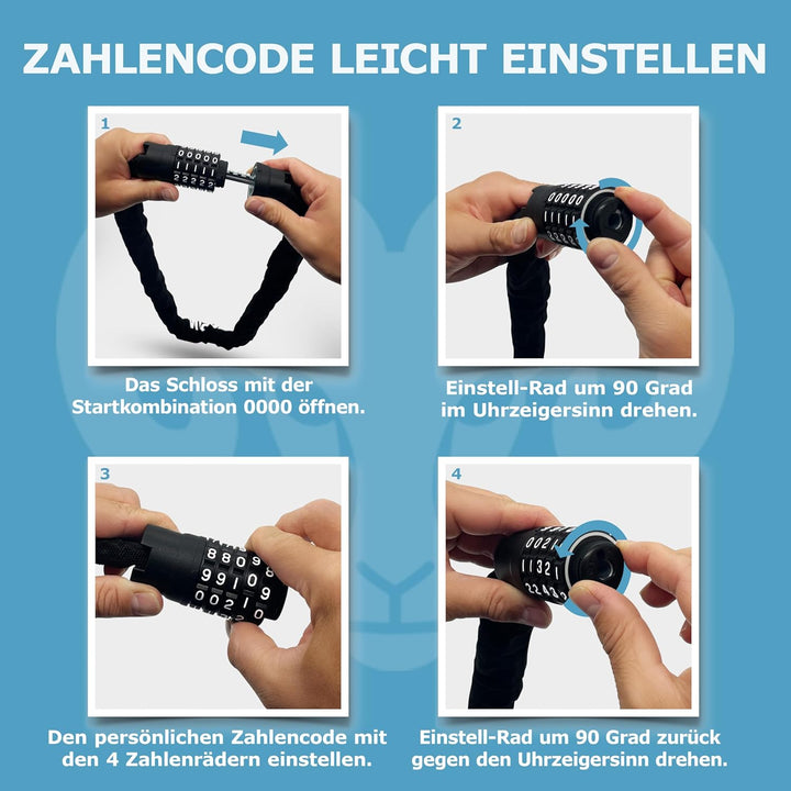 WIDDER Sicheres 8mm Kettenschloss mit Zahlencode (120cm lang, extra-grosse Zahlenräder, gehärtete St