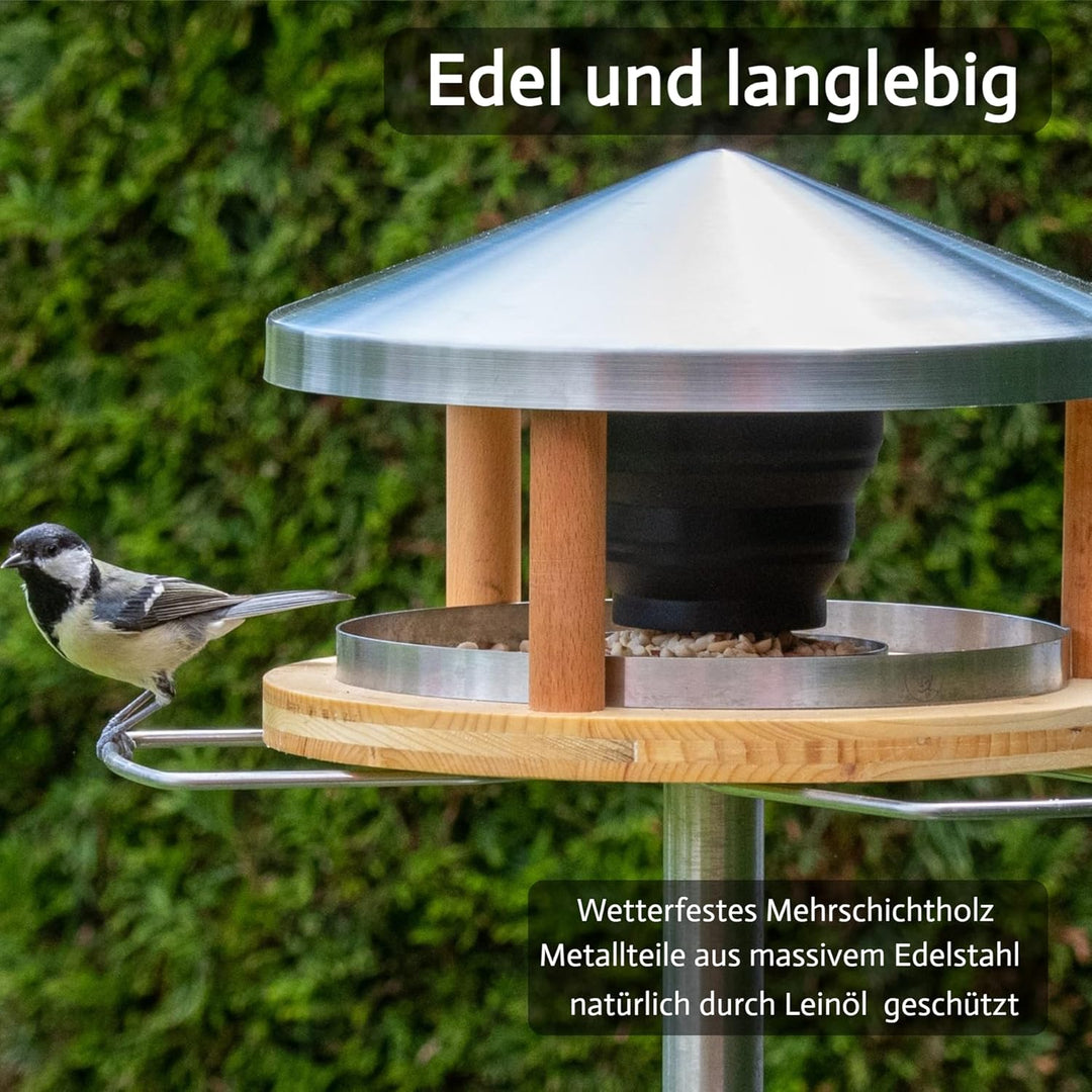 Vogelhaus mit Ständer wetterfest aus Edelstahl - Stabiles Vogelfutterhaus für draussen, modern aus M