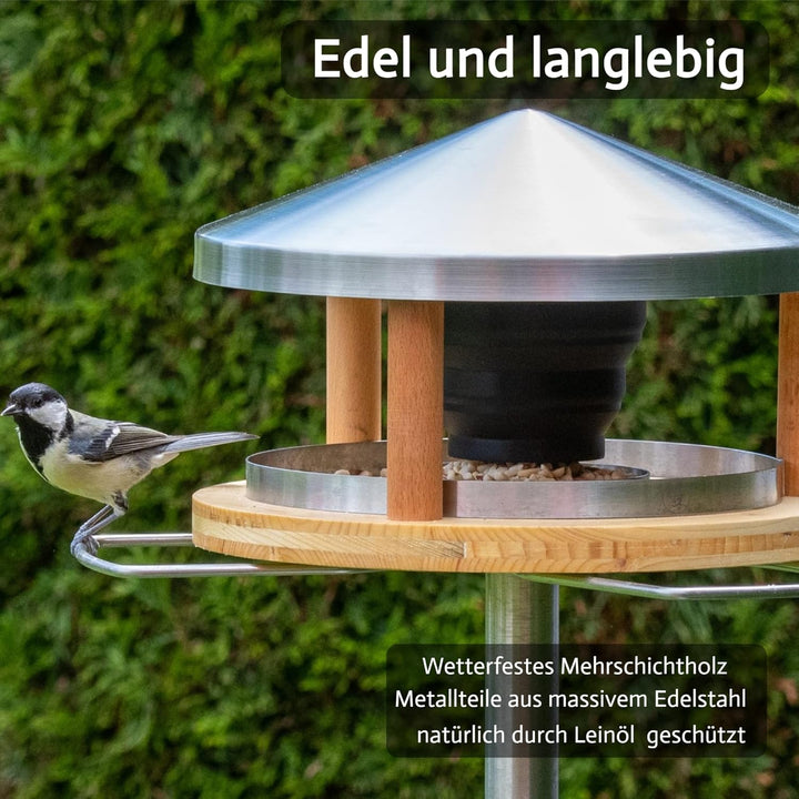Vogelhaus mit Ständer wetterfest aus Edelstahl - Stabiles Vogelfutterhaus für draussen, modern aus M