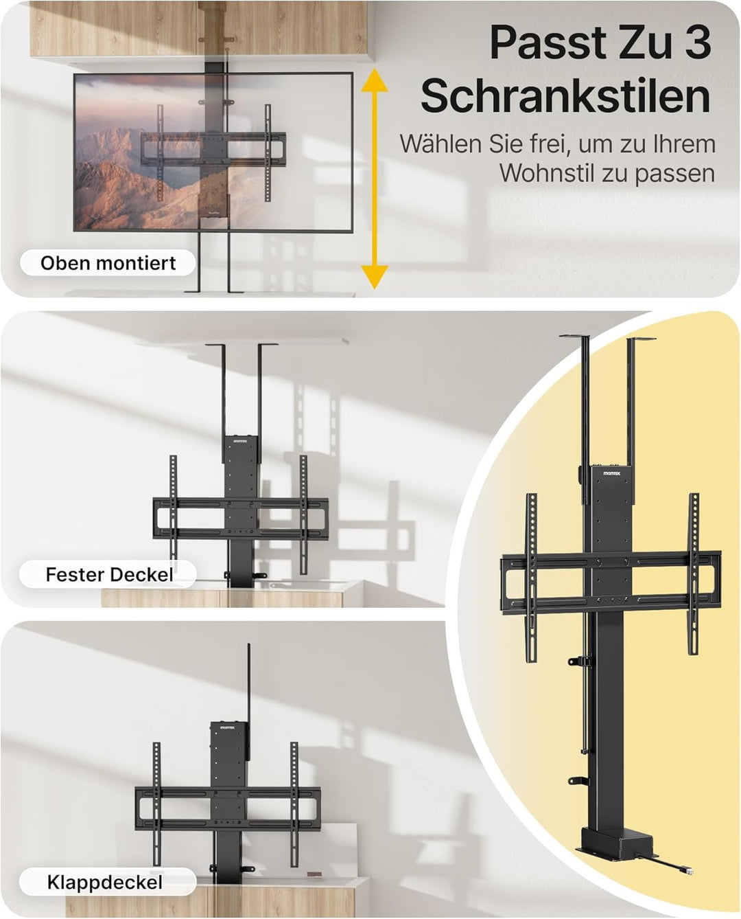 monTEK TV Lift Elektrisch für 43-88 Zoll Fernseher bis 60 kg, Motorisierte TV Halterung mit Funkfern