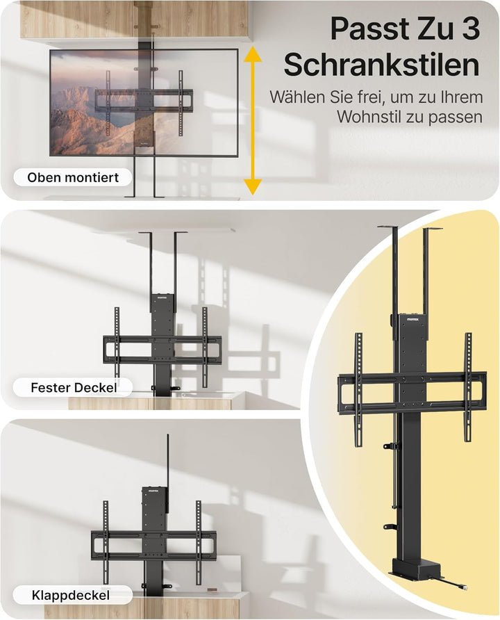 monTEK TV Lift Elektrisch für 43-88 Zoll Fernseher bis 60 kg, Motorisierte TV Halterung mit Funkfern